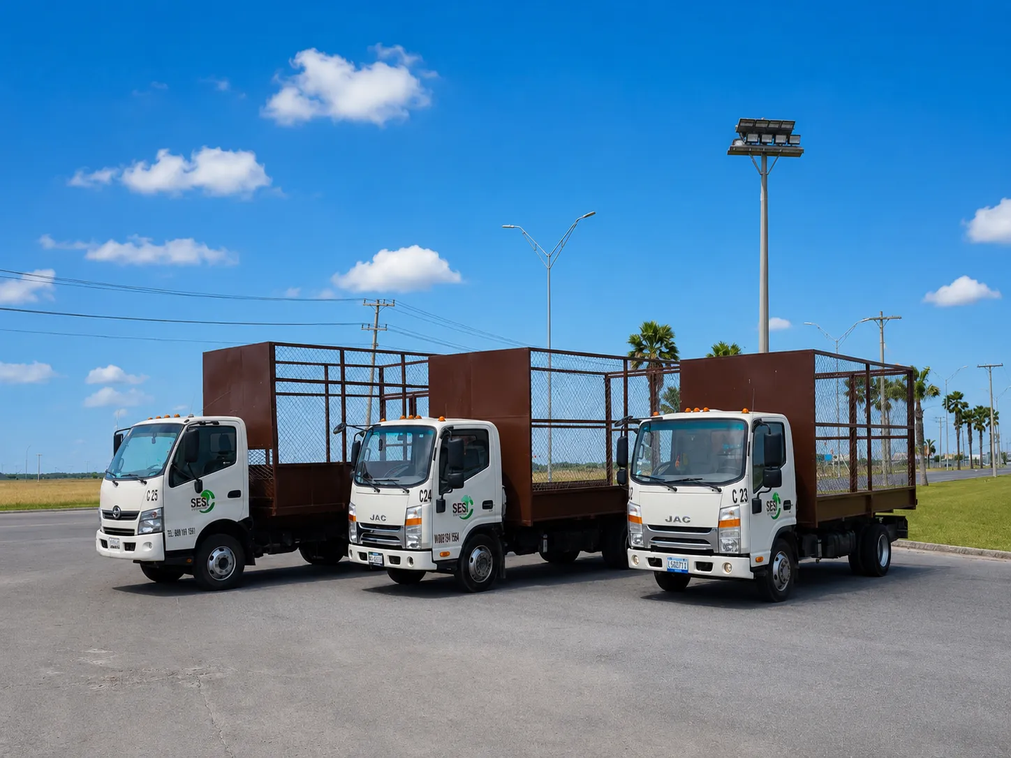 Tres unidades de recolección SESI (C-23, C-24 y C-25) alineadas antes de salir a ruta