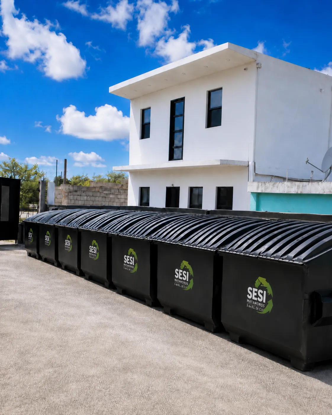 Fila de contenedores metálicos rotulados SESI Matamoros en las instalaciones de la empresa